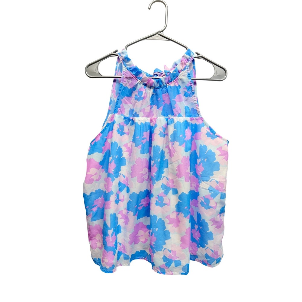 Michelle McDowell‎ Tank Top Floral Ruffle Tie Back Size M Blue Pink Women